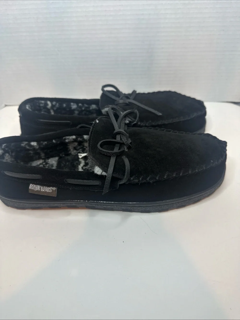 Muk Luks Men's Black Suede Moccasin Slippers with Faux-Fur Lining